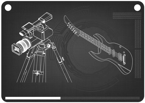Modèle Caméra Guitare Sur Fond Noir Dessin — Image vectorielle