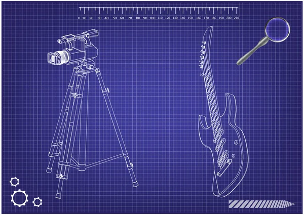 Modelo 3d de cámara y guitarra en un azul — Vector de stock