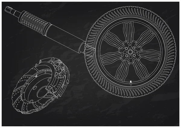 Тормозной диск, колесо и амортизатор на черном — стоковый вектор