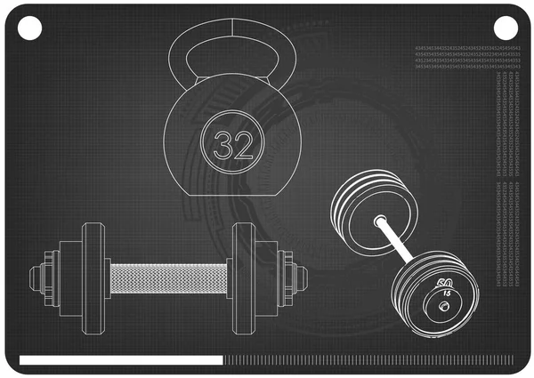 Штанга и гантели на черном — стоковый вектор