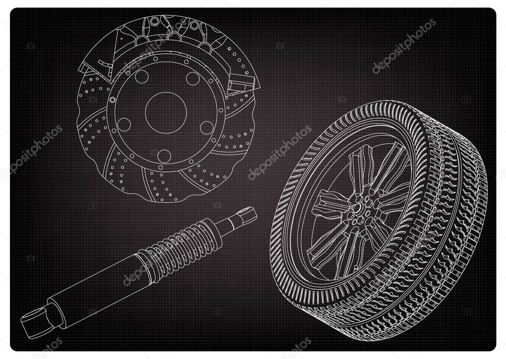 Brake disc, wheel and shock absorber on a black background. Drawing
