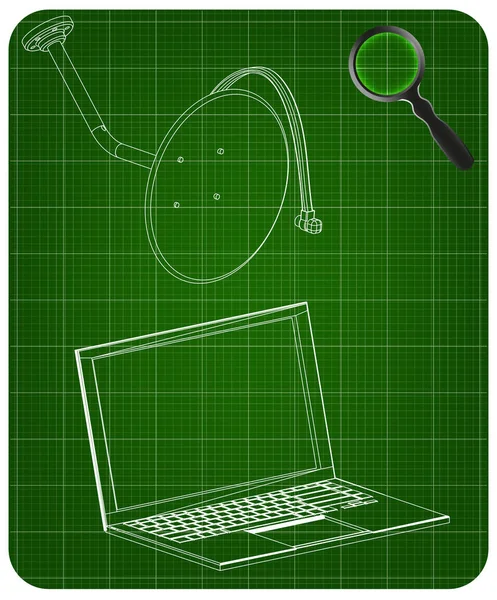 Modèle 3D de antenne parabolique et ordinateur portable sur un vert — Image vectorielle