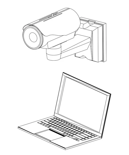 3D modeli dizüstü bilgisayar ve güvenlik kamerası — Stok Vektör