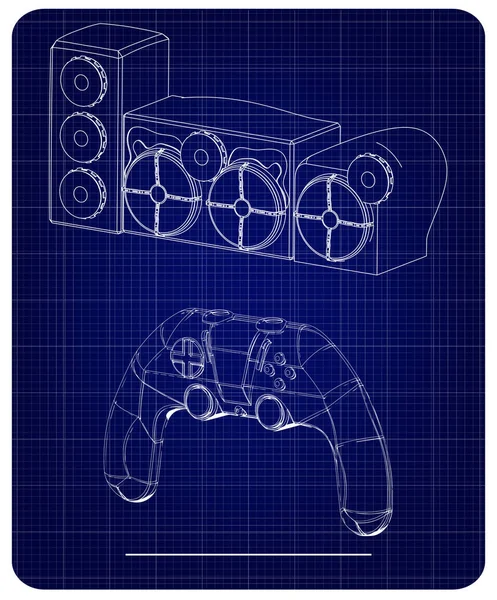 Modelo 3d do sistema de alto-falante e joystick em um azul —  Vetores de Stock