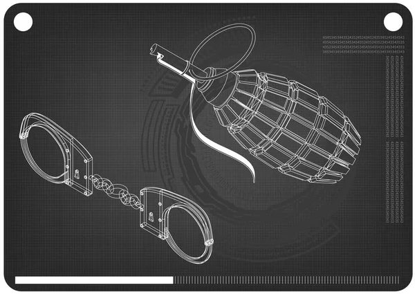 3d модель гранат і наручників на чорному — стоковий вектор