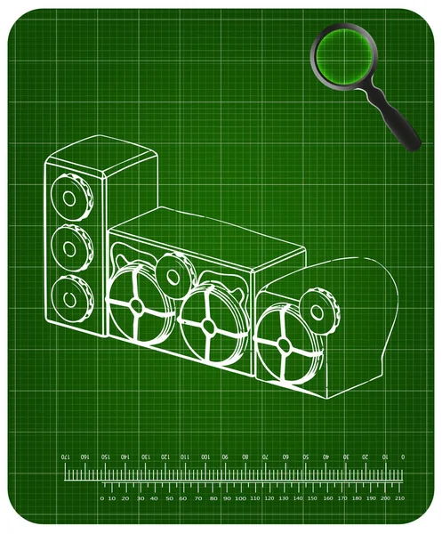 Modello 3d di sistema di altoparlanti su un verde — Vettoriale Stock