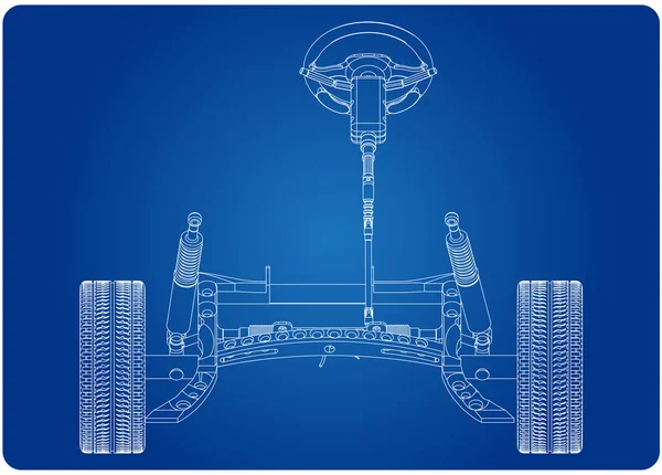 3D model řízení auta a sloupců pozastavení na modré — Stockový vektor