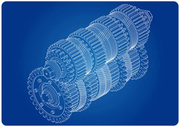 Fogaskerekek a kék 3D-s modellje — Stock Vector