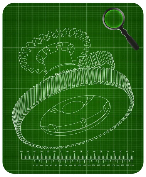 Modello 3d di ingranaggi su un verde — Vettoriale Stock