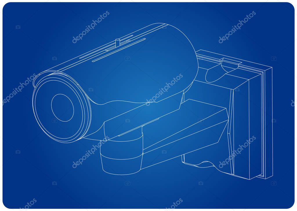 3d model of surveillance camera on a blue background. Drawing