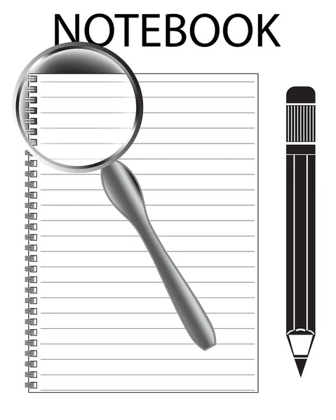 Caderno, lápis e lupa sobre branco —  Vetores de Stock