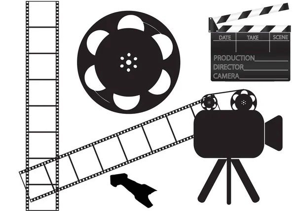 Film wheel, camera and movie clapper — Stock Vector