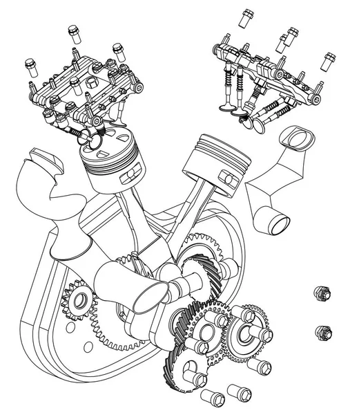 Szétszerelt motorkerékpár motorját egy fehér — Stock Vector