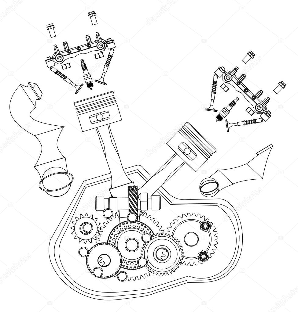 Disassembled motorcycle engine on a white background. Drawing