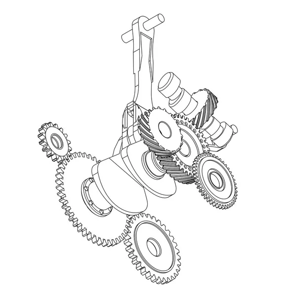 Engranajes y cigüeñal sobre un blanco — Vector de stock