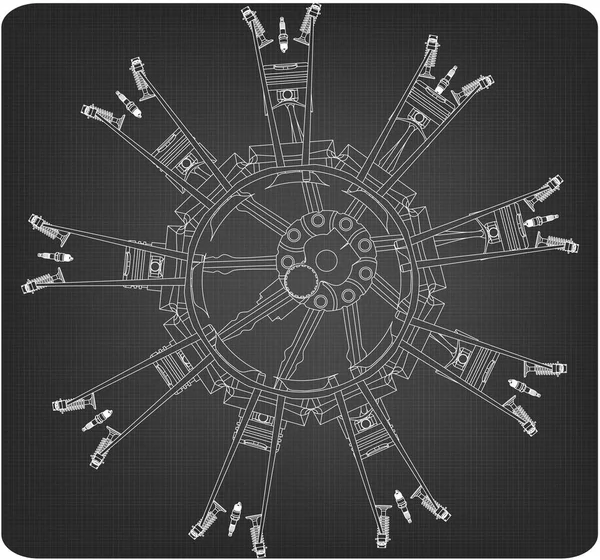 Розбирається радіальний двигун на сірому — стоковий вектор