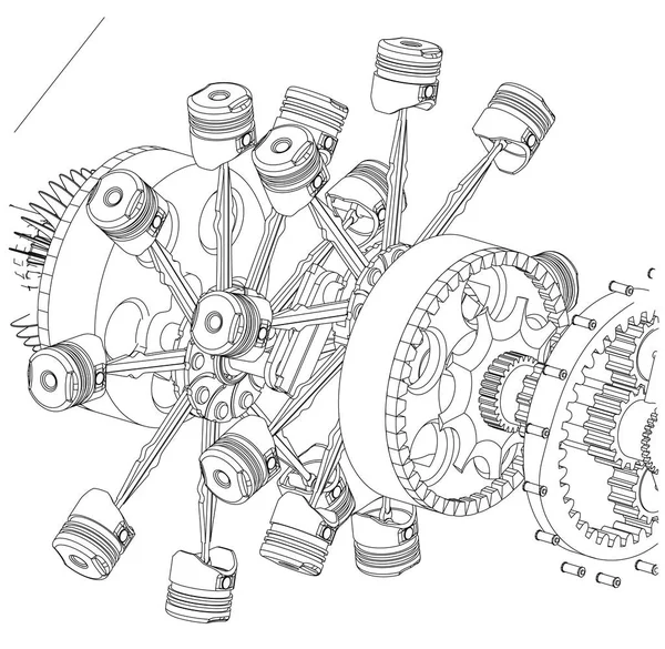 Motor radial desmontado sobre blanco — Vector de stock