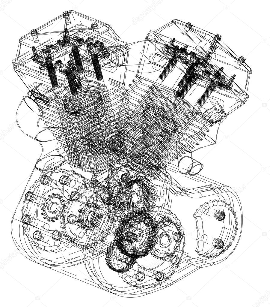 Motorcycle engine on a white