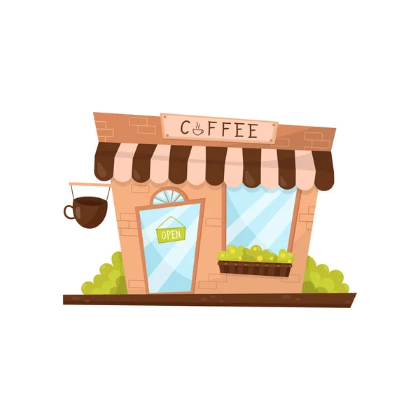 Coffee shop exterior in cartoon style. Facade of small store or cafe.  Commercial building. Flat vector design - Stock Image - Everypixel