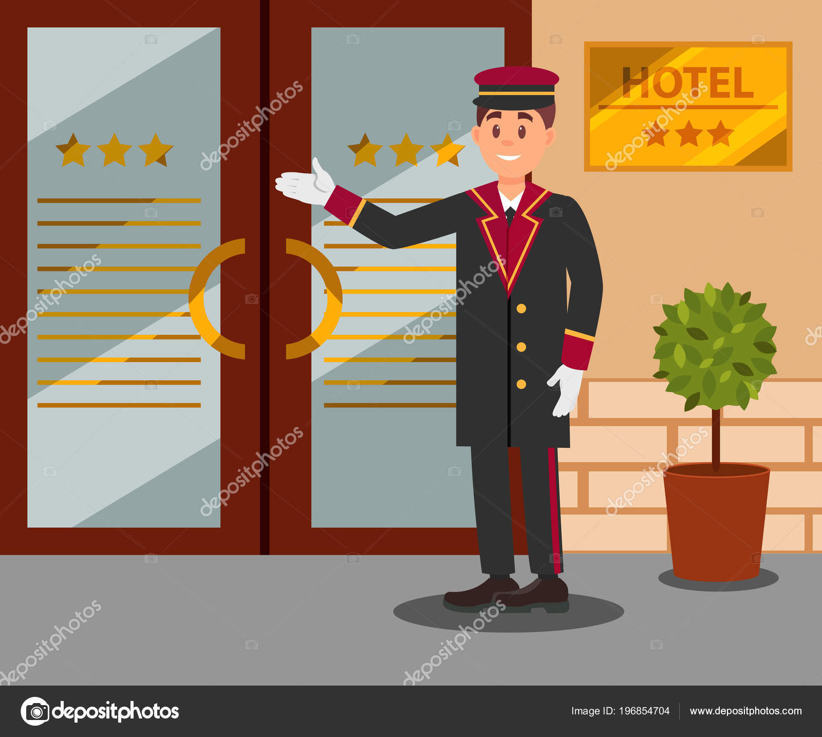 Cheerful Doorman Standing In Front Of Hotel Entrance Doors Young