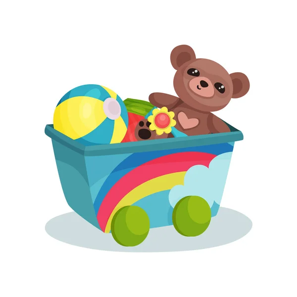 Small wagon with rainbow full of children toys. Teddy bear, inflatable ball, flower and colorful cube. Flat vector element for banner of kids store
