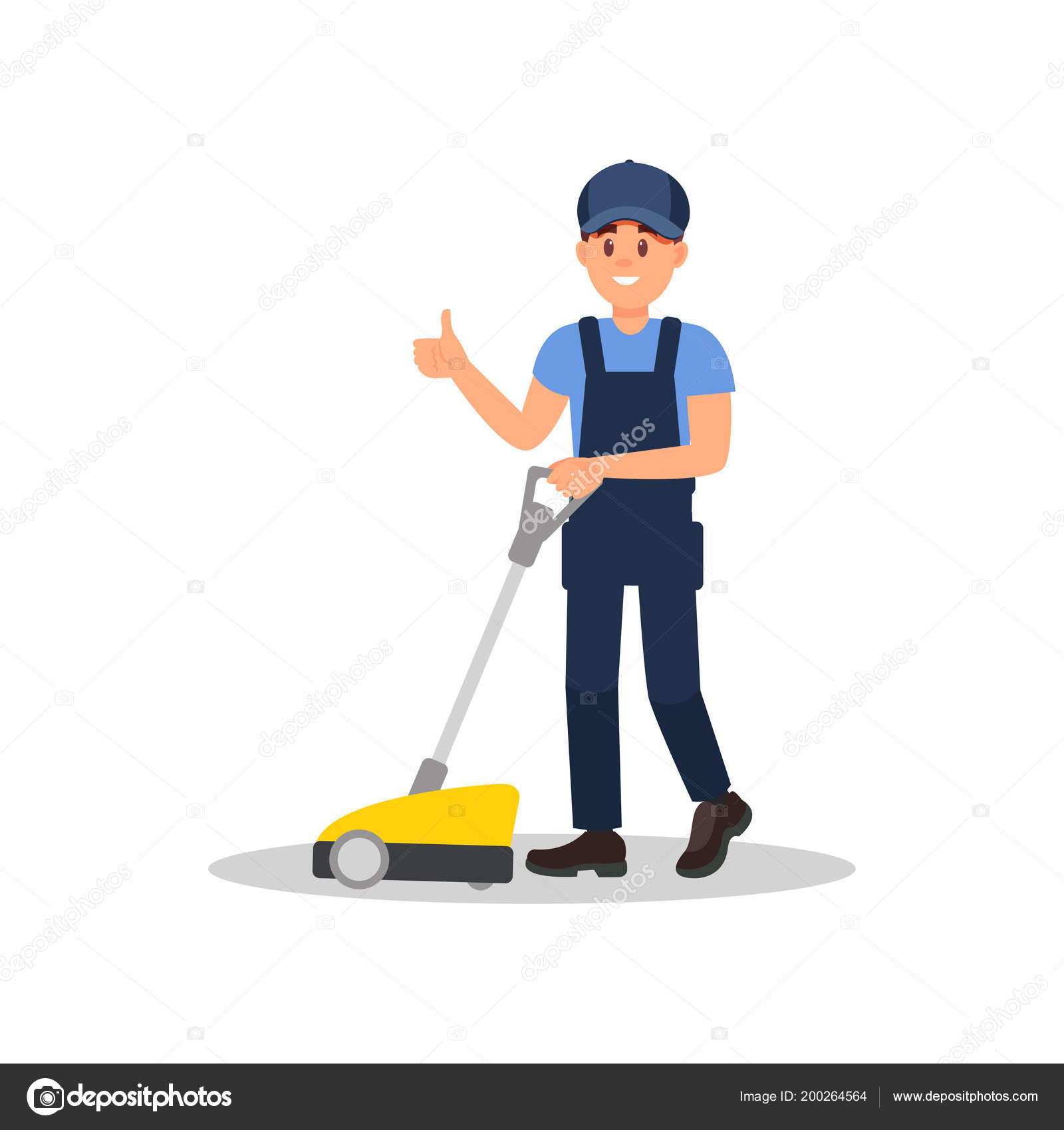 Smiling Man Cleaning Floor With Scrubber Machine And Showing Thumb