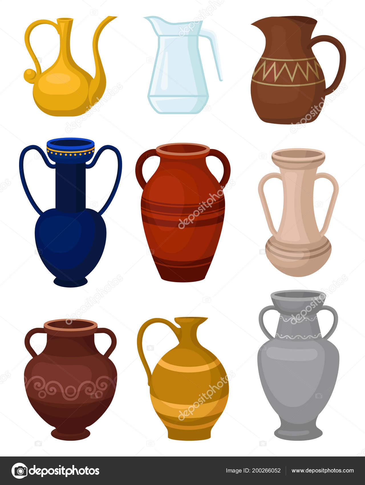 Flat Vector Set Of Various Jugs Glass Pitcher For Water Antique