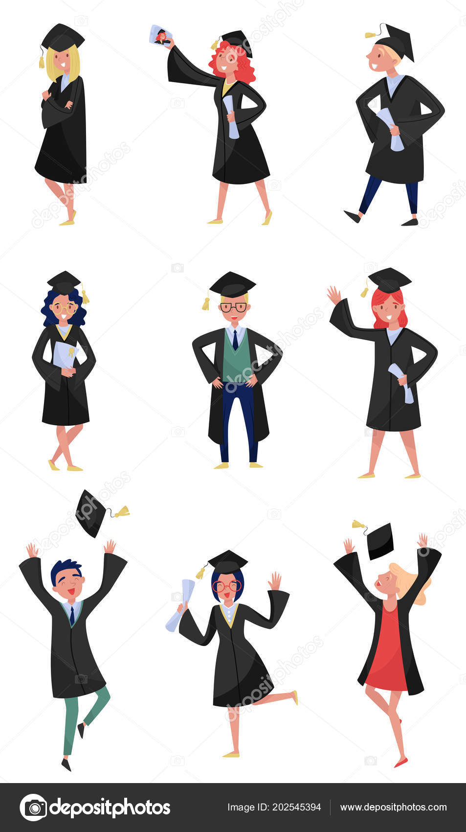 快乐毕业生集合 微笑毕业学生在礼服拿着文凭在他们的手在白色背景上的矢量插图 图库矢量图像 C Happypictures