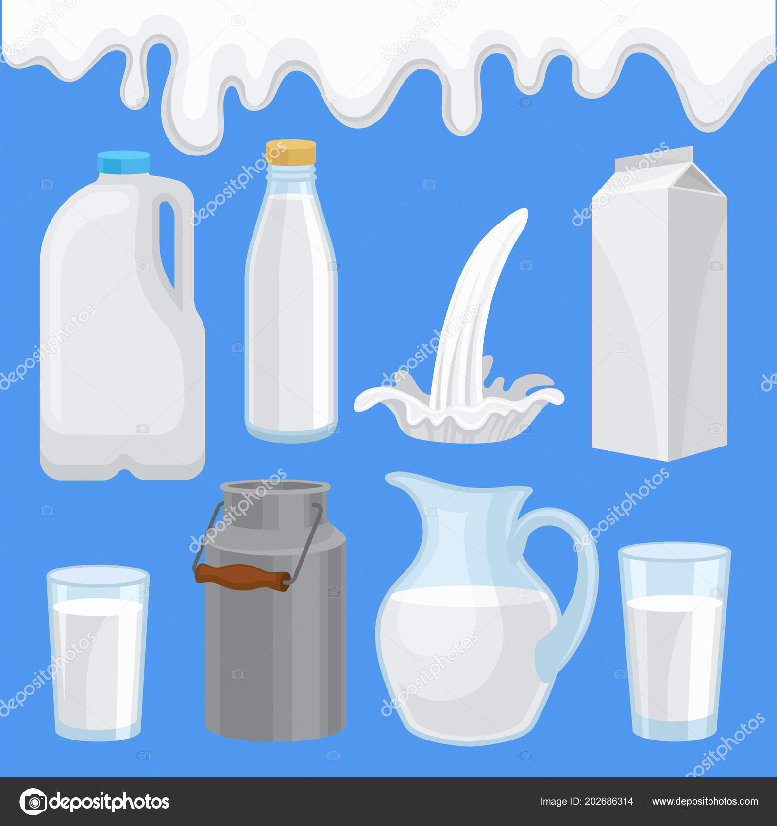 Milk product in various containers set, milk packaging of different