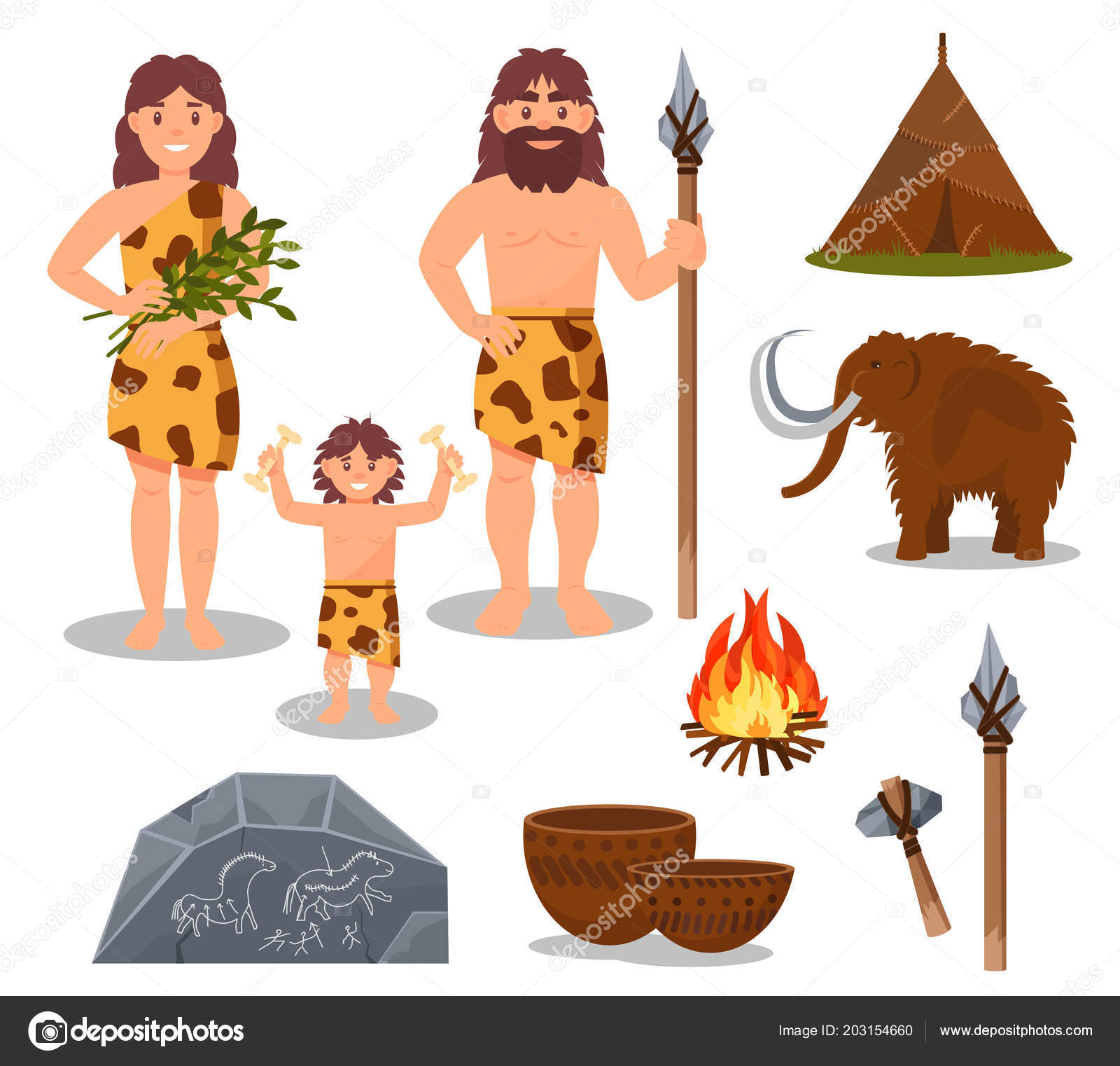 Stone age symbols set, primitive people, mammoth, weapon, prehistoric