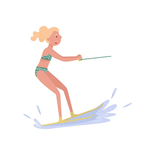 Woman riding waterski, extreme water sport cartoon vector Illustration on a white background