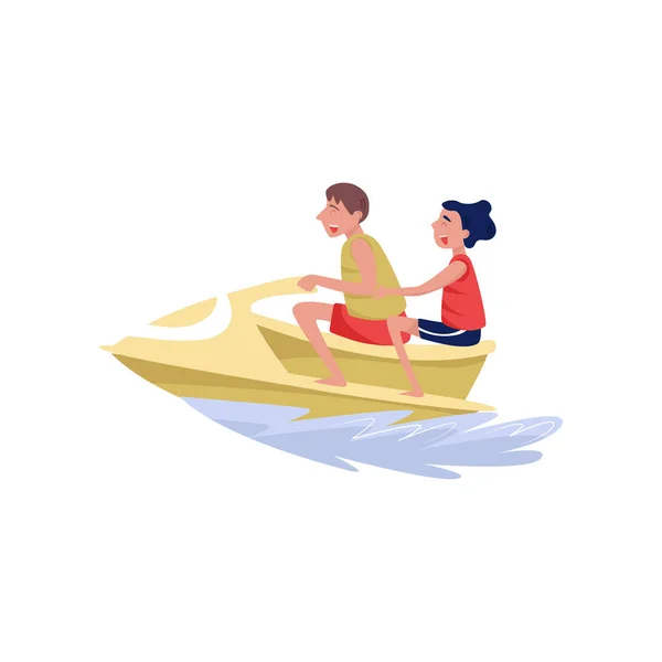 Young man and woman riding on water jetski, extreme water sport cartoon vector Illustration on a white background