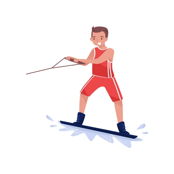 Smiling man riding water board, wakeboarding extreme water sport cartoon vector Illustration on a white background