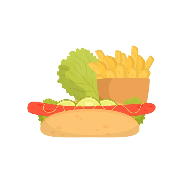 French fries, hot dog and lettuce, fast food dish vector Illustration on a white background