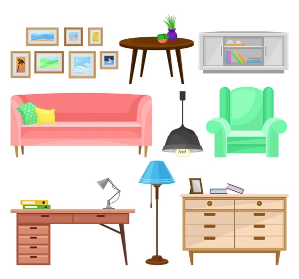 Modern furniture for living room set, interior design elements vector Illustrations on a white background