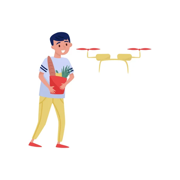 Drone quadrocopter delivered groceries to young man, fast delivery service vector Illustration on a white background