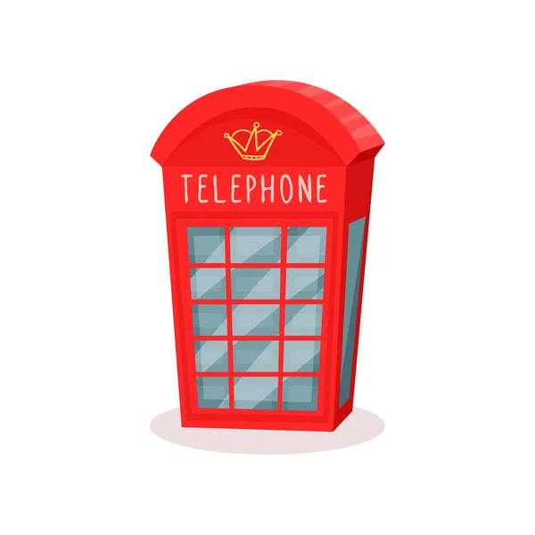Cartoon icon of red telephone booth. Famous symbol of England. Travel to London. Public call box. Graphic element for poster or mobile game. Colorful flat vector design isolated on white background.