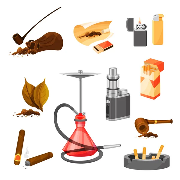 Flat vector set of items related to smoking theme. Tobacco and pipes, cigars, hookah and vape, lighters and pack of cigarettes — Stock Illustration Flat vector set of items related to smoking theme. Tobacco and pipes, cigars, hookah and vape, lighters and pack of cigarettes Royalty Free Stock Vectors