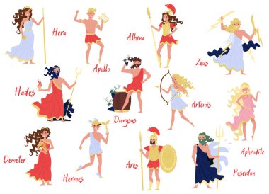Olympian Greek Gods set, Hera, Dionysus, Zeus, Demetra, Hermes, Ares, Artemis, Aphrodite, Poseidon, ancient Greece myths cartoon characters vector Illustration on a white background vector Olympian Greek Gods set, Hera, Dionysus, Zeus, Demetra, Hermes, Ares, Artemis, Aphrodite, Poseidon, ancient Greece myths cartoon characters vector Illustration on a white background vector