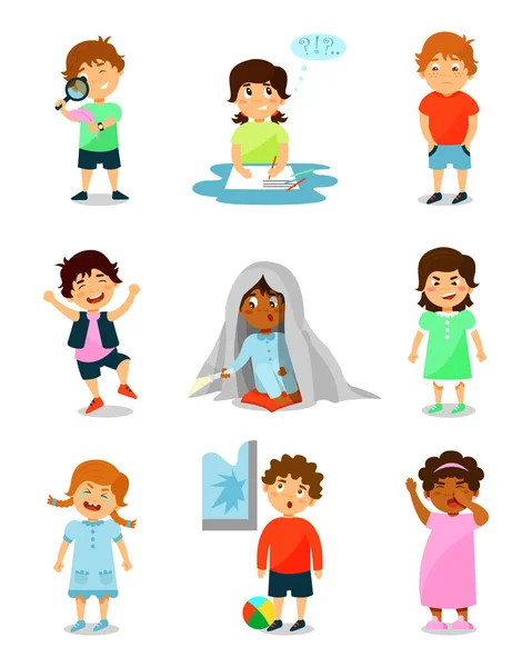 Cute little kids with different emotions set, thinking, happy, scared, angry, crying and sleepy boys and girls vector Illustrations on a white background