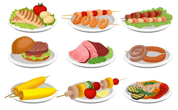Grilled food set, delicious dishes for barbecue party menu, meat and vegetarian food vector Illustration on a white background