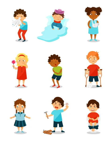 Sickness kids set, boys and girls suffering from different symptoms vector Illustration on a white background — Stock Illustration Sickness kids set, boys and girls suffering from different symptoms vector Illustration on a white background Stock Vector