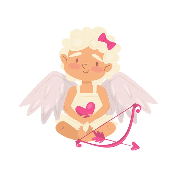 Lovely baby girl holding pink heart. Cartoon cupid with little wings. Angel of love with bow and arrow. Flat vector design