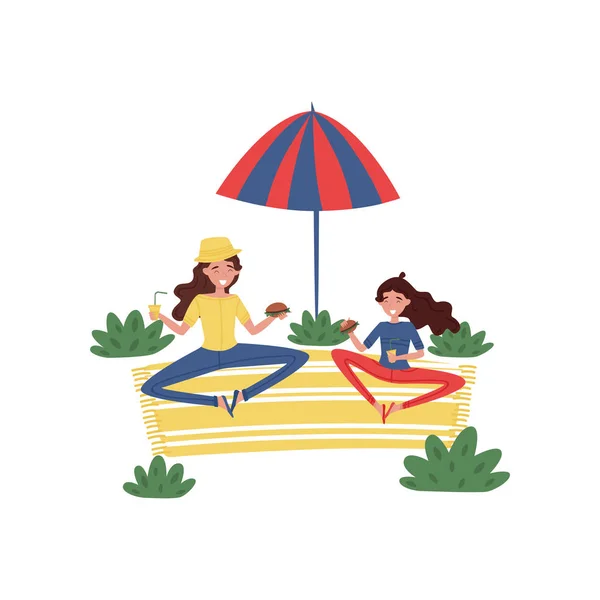 Happy mother and her daughter having picnic at park. Woman and girl sitting on carpet under umbrella. Flat vector design