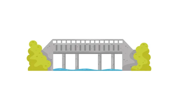 Flat vector icon of big stone bridge, blue water and green bushes. Walkway across the river. Construction for transportation