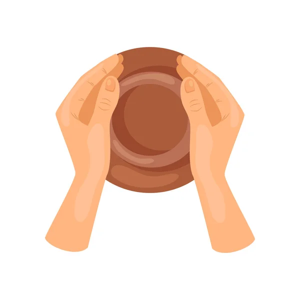 Male or female hands making pottery jug, top view. Ceramic work. Arts and craft. Hobby and leisure. Flat vector design