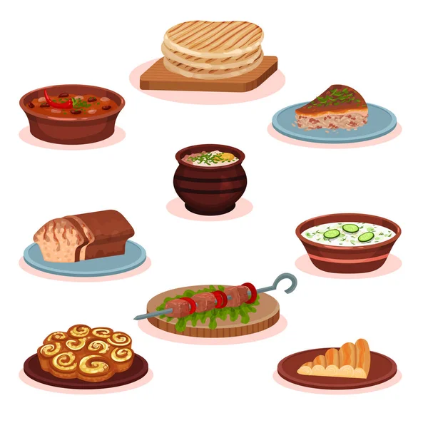Bulgarian cuisine national food dishes set, traditional healthy delicious food vector Illustration on a white background