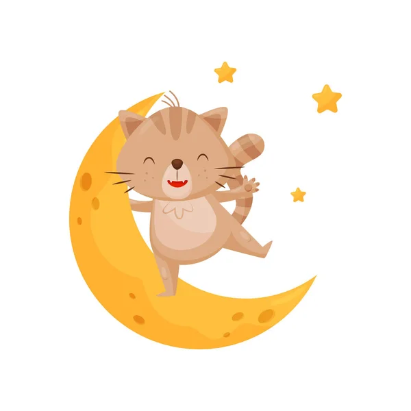 Cute sleeping kitten and moon, lovely animal cartoon character, good night design element, sweet dreams vector Illustration