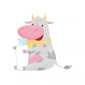 Szép tehén ül az üveg tejet, vicces farm állati karikatúra karakter vektoros illusztráció egy fehér háttér