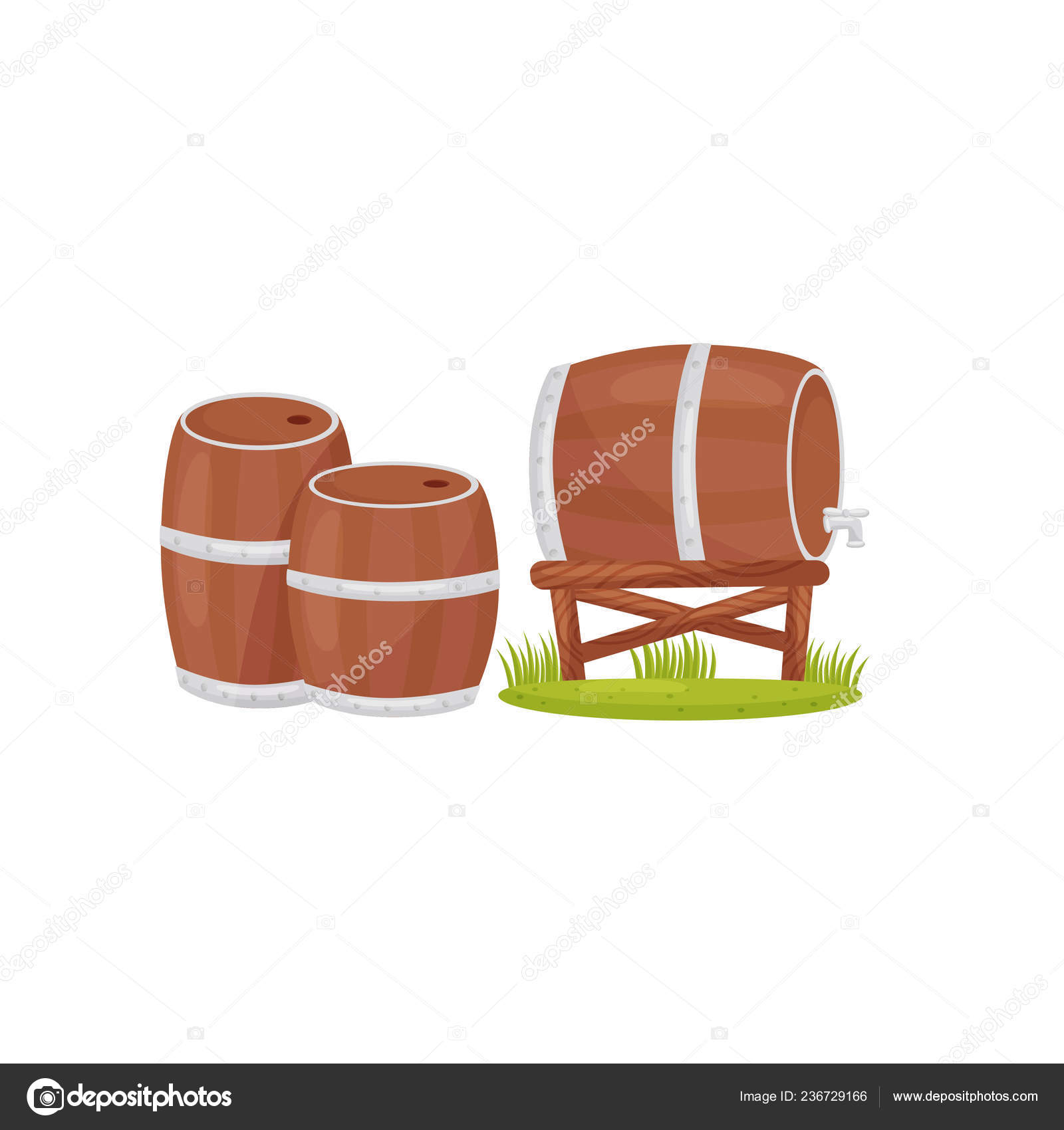 Two Wooden Barrels On The Ground And One Barrel With Faucet